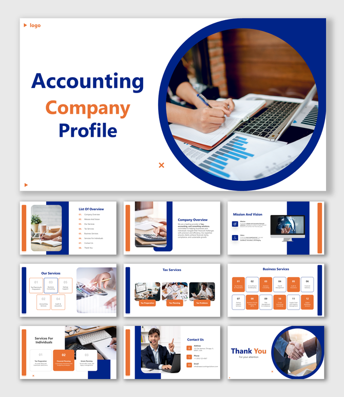 Accounting profile slides with blue-orange themes, sleek layouts, tax-focused content, and editable placeholders.