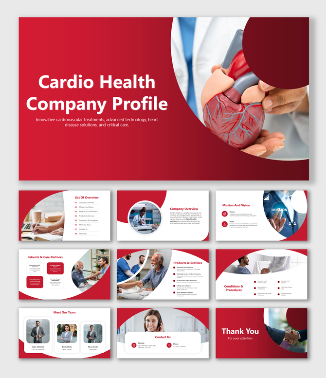 Cardio health profile slides with red-themed visuals, structured layouts, heart-focused designs, and editable placeholders.