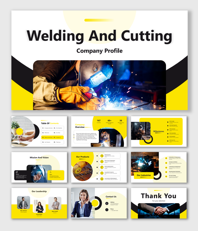 Welding and cutting slides with bold yellow designs, dynamic visuals, clean layouts, and editable placeholders.