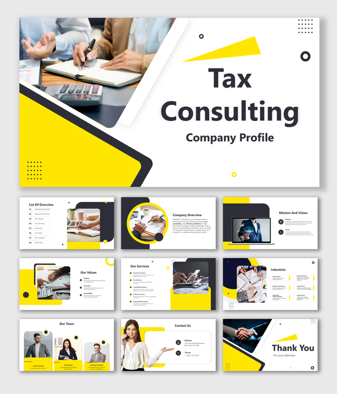 Tax consulting slides with bold yellow designs, dynamic visuals, structured layouts, and editable content placeholders.