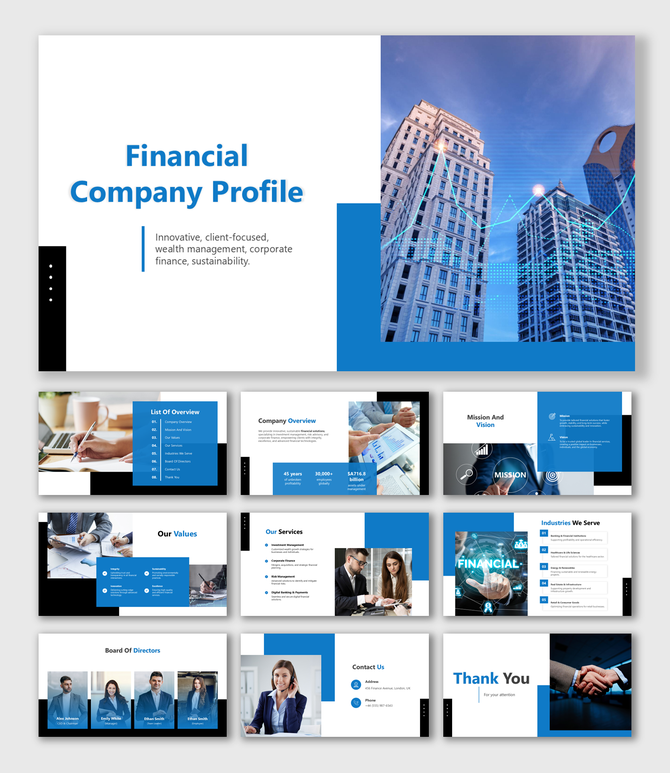 Financial company profile slides with blue visuals, sleek designs, structured layouts, and editable placeholder content.