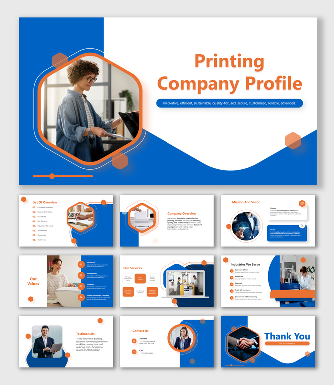 Printing company profile slides with blue-orange themes, sleek layouts, bold visuals, and editable placeholders.