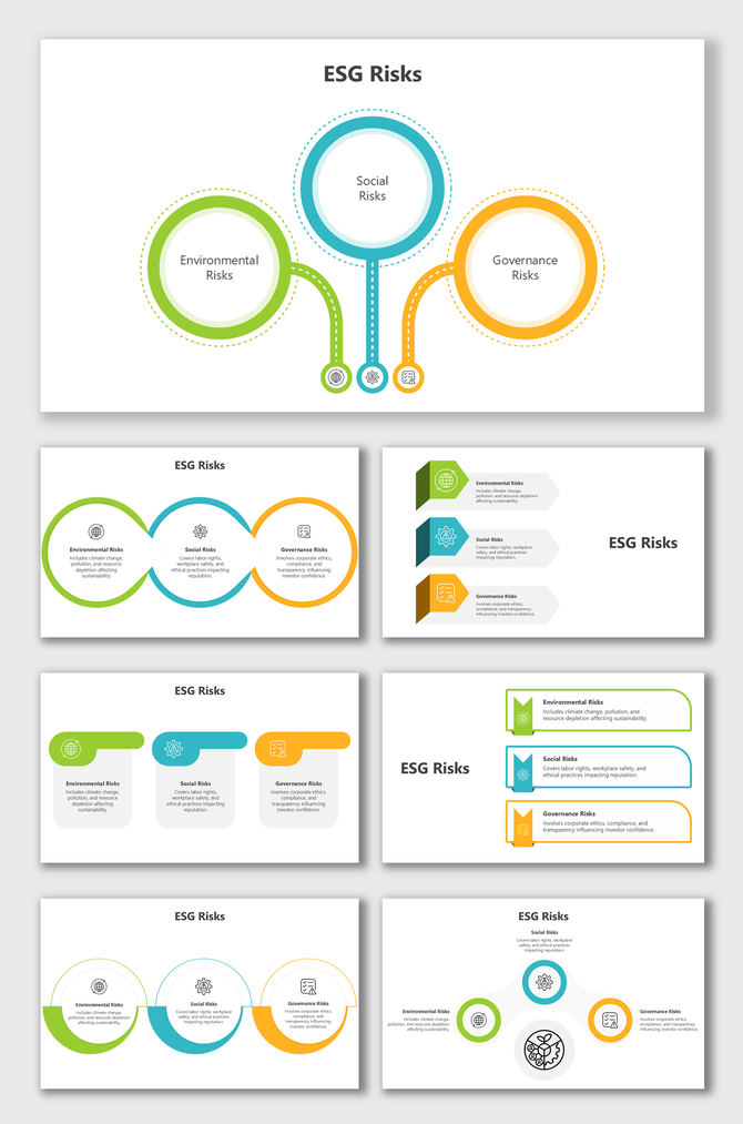 Modern slides with circular diagrams, icons, and placeholders showcasing ESG risks and their interconnected themes.