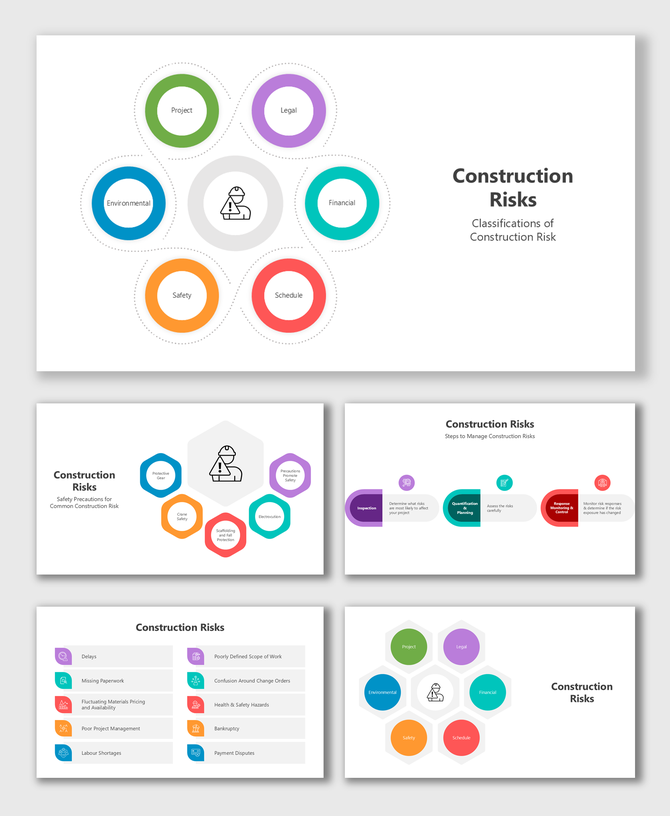 Colorful slides with circular diagrams, icons, and placeholders showcasing construction risk types and strategies.