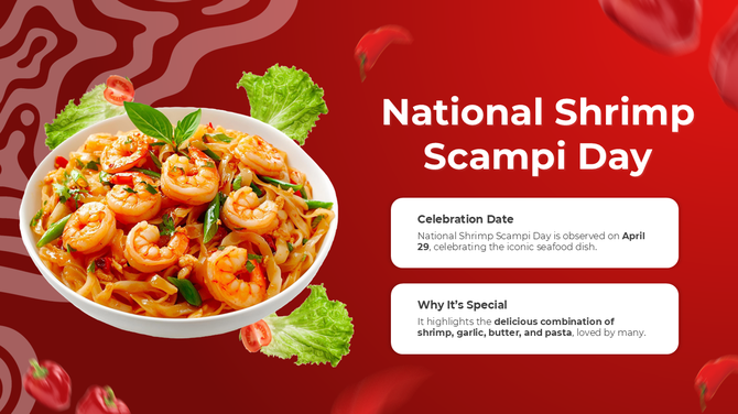 Appetizing shrimp scampi in a white bowl with herbs, fresh greens, and a vibrant red background celebrating the dish.