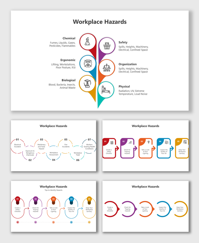 Workplace hazards template with colorful icons, structured layouts, infographics, flowcharts, and editable captions.