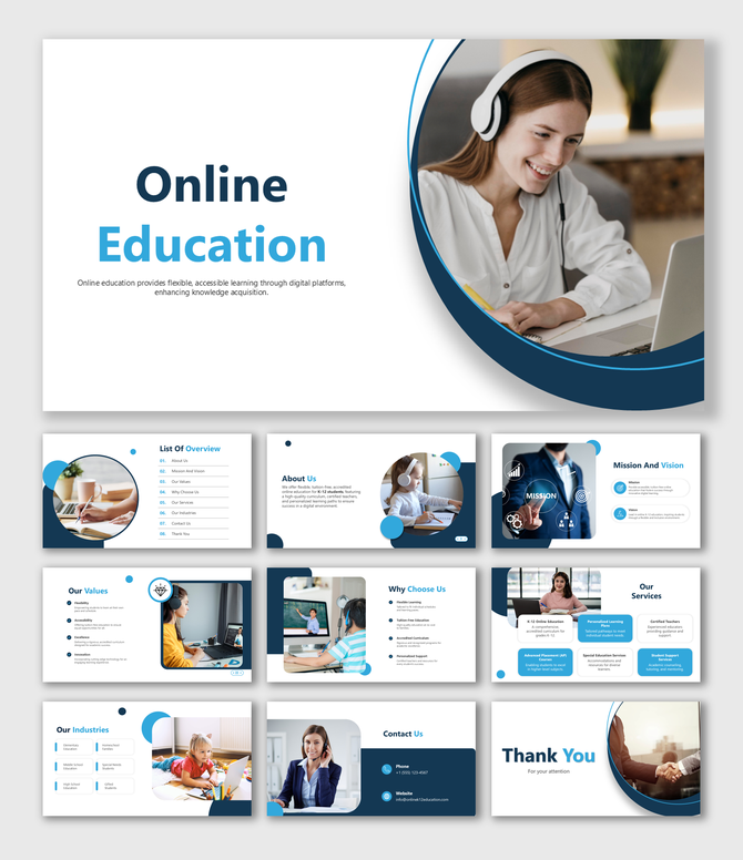 Online Education template with blue theme, student visuals, structured layout, infographic elements, and text placeholders.
