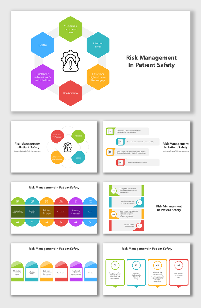 Risk Management in Patient Safety template with hexagonal diagram, flowcharts, vibrant icons, infographic visuals, and text.