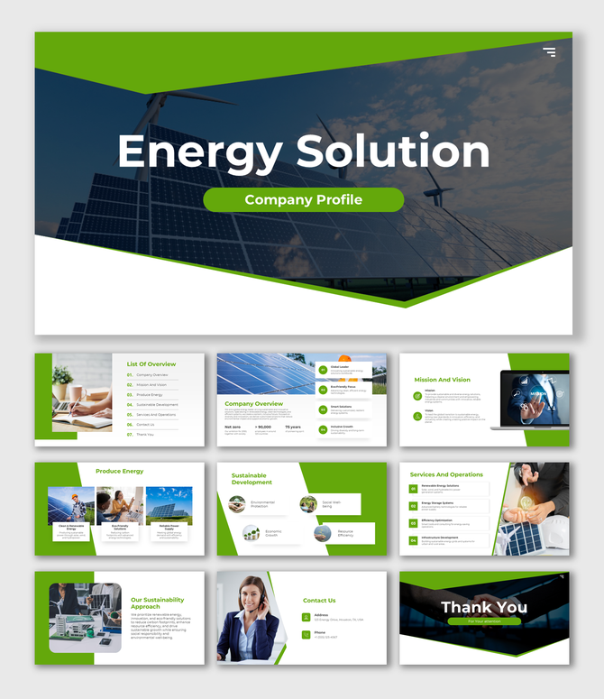 Energy Solution Company Profile with green theme, solar visuals, clean layout, sustainability sections, and text placeholders