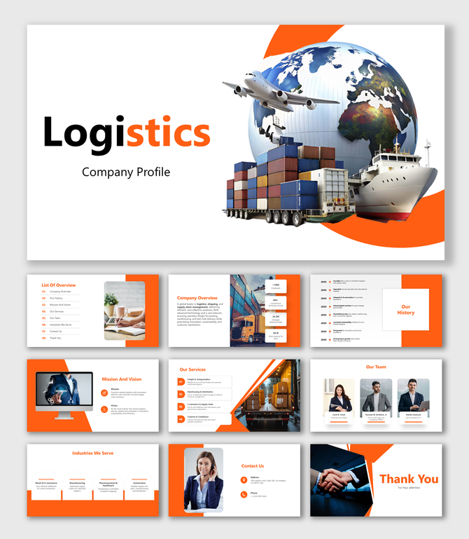 Logistics company profile template showcasing transport modes, freight, supply chain, services, team, and operations.
