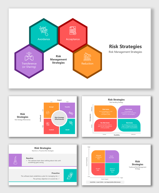 Risk Strategies template with hexagonal infographic, charts, vibrant visuals, risk management frameworks, and text.