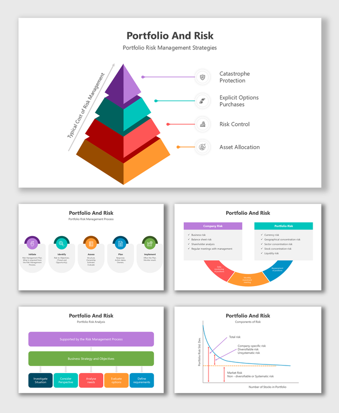 Portfolio risk slides with colorful pyramids, charts, and placeholders illustrating risk strategies and analysis.