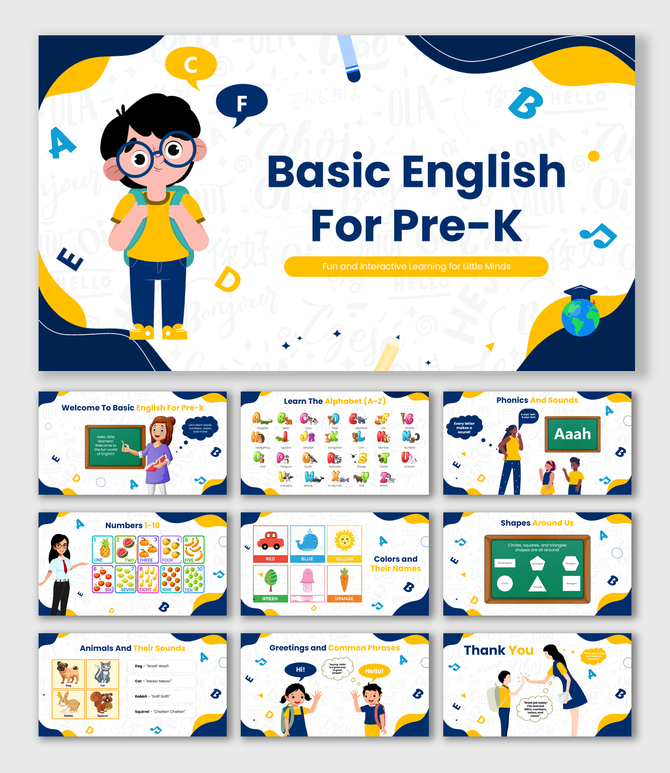 Bright and playful Pre-K English slides with letters, phonics, numbers, and interactive elements for early learning.