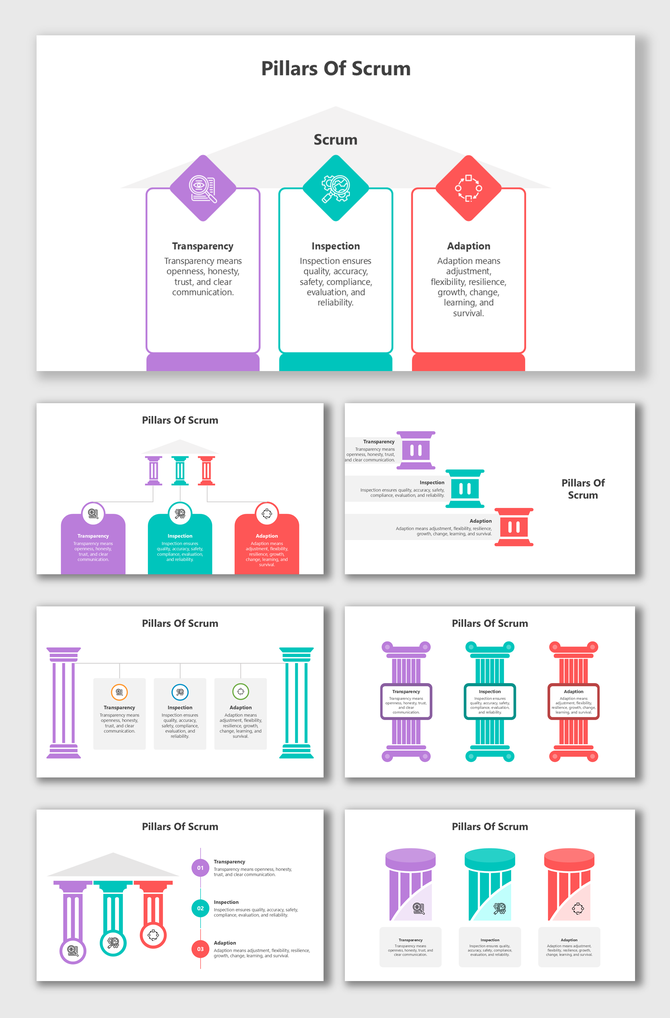 Pillars of Scrum slides with colorful columns, icons, and placeholders illustrating transparency, inspection, and adaptation.
