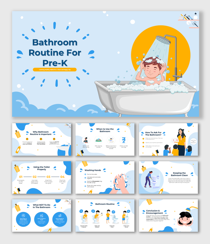 Bathroom Routine for Pre-K slide with fun visuals, hygiene steps, toilet use, handwashing tips, and cleanliness lessons.