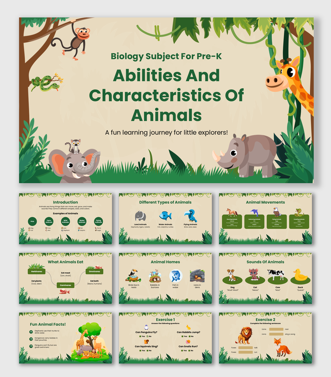 Colorful animal-themed slides with jungle illustrations, cute graphics, and placeholders for fun and educational content.