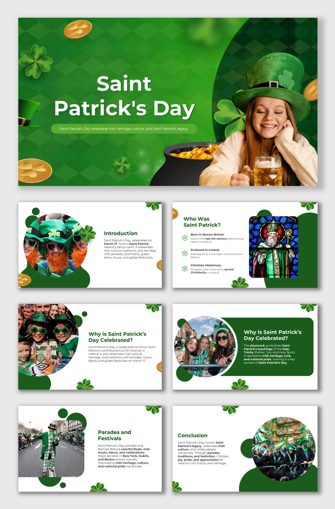 Saint Patrick's Day template with green theme, Irish symbols, festive visuals, structured text, and infographic elements.