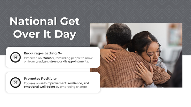 National Get Over It Day banner with an emotional hug, promoting resilience, self-growth, positivity, and letting go.