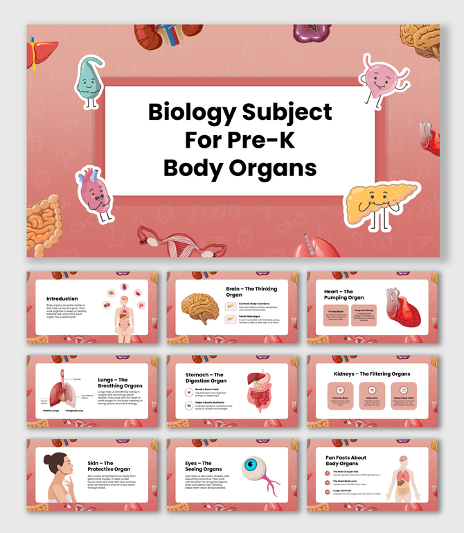 Pre-K biology slides on body organs with fun visuals, interactive infographics, organ functions, and kid-friendly design.