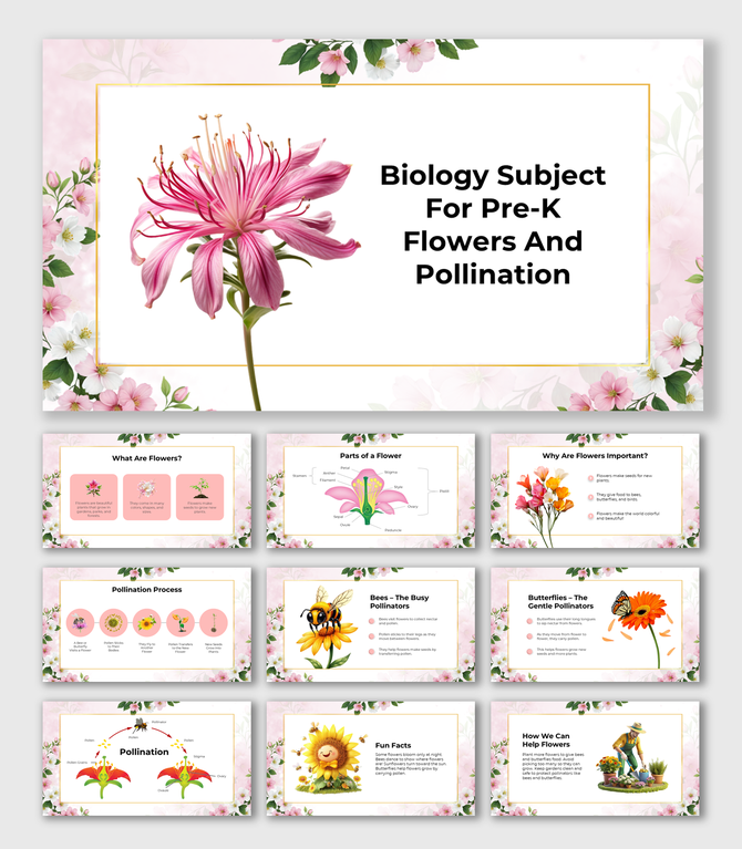 Pre-K biology slides on flowers, pollination, anatomy, pollinators, and fun visuals with a soft floral design.