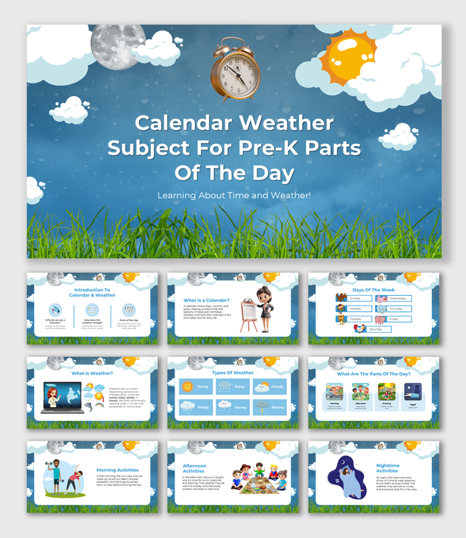 Pre-K Calendar Weather slides with fun visuals, daily routines, weather types, time concepts, and activities.