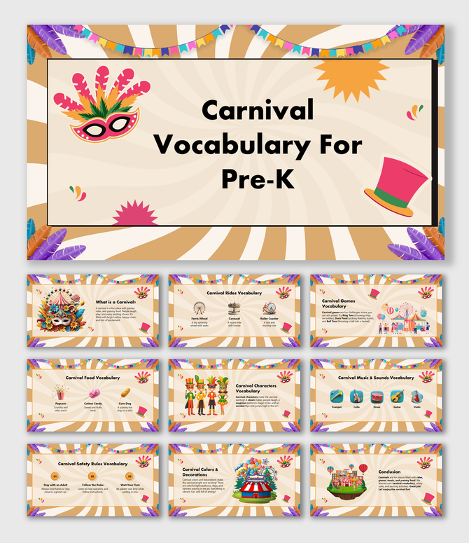 Carnival-themed slides with vibrant visuals, covering rides, food, games, characters, and safety rules for Pre-K kids.