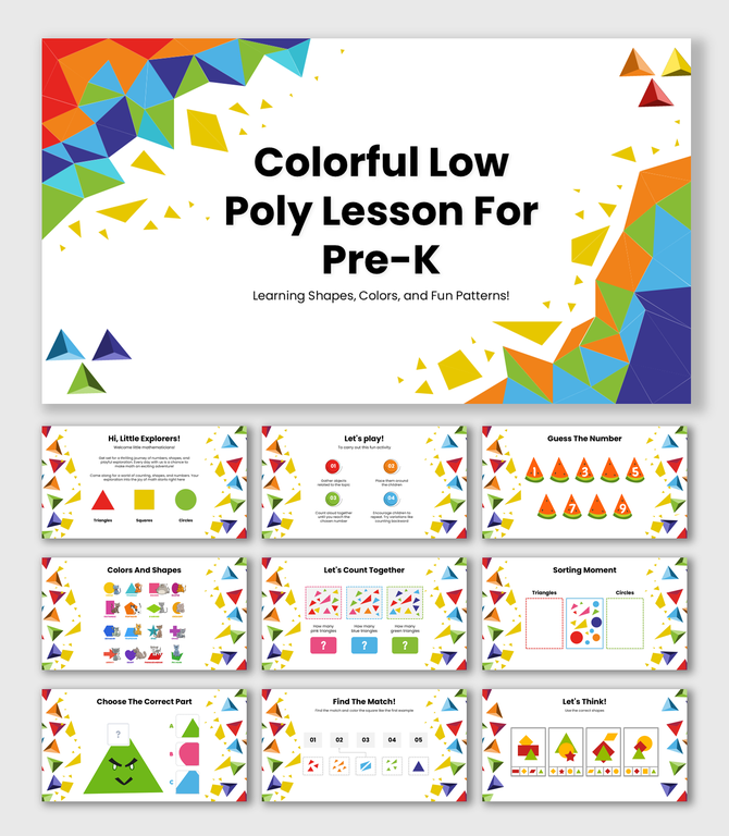 Bright low-poly Pre-K lesson with shapes, colors, counting, sorting, and matching activities for early learning.