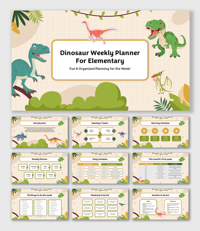 Weekly planner with tasks, schedules, to-do lists, fun dinosaur theme, and organized sections for kids' activities.