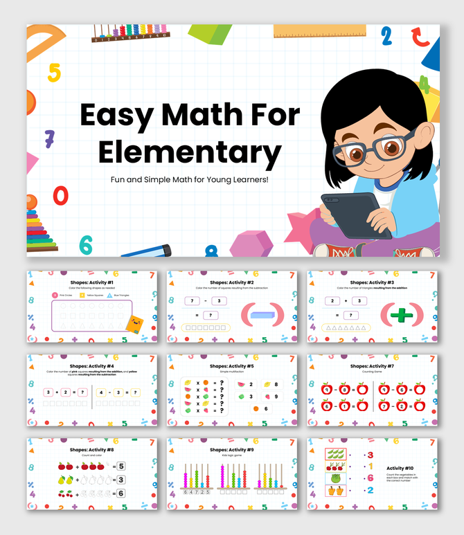 Counting, addition, subtraction, number patterns, and shape recognition help kids develop strong math skills. 