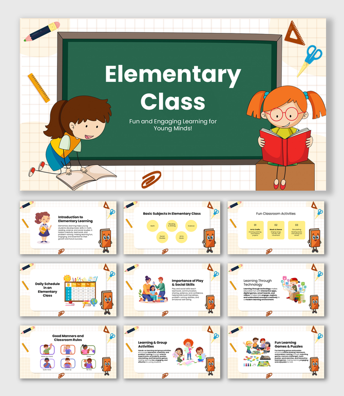 Elementary class slides with subjects, activities, social skills, technology-based learning, and classroom rules.