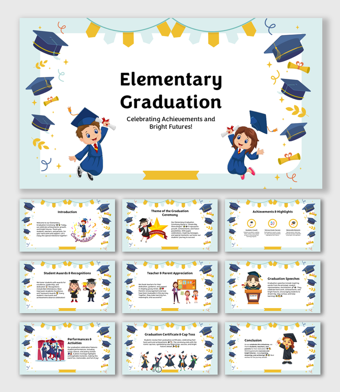 Elementary graduation slides with ceremony theme, achievements, awards, speeches, and certificate celebrations.