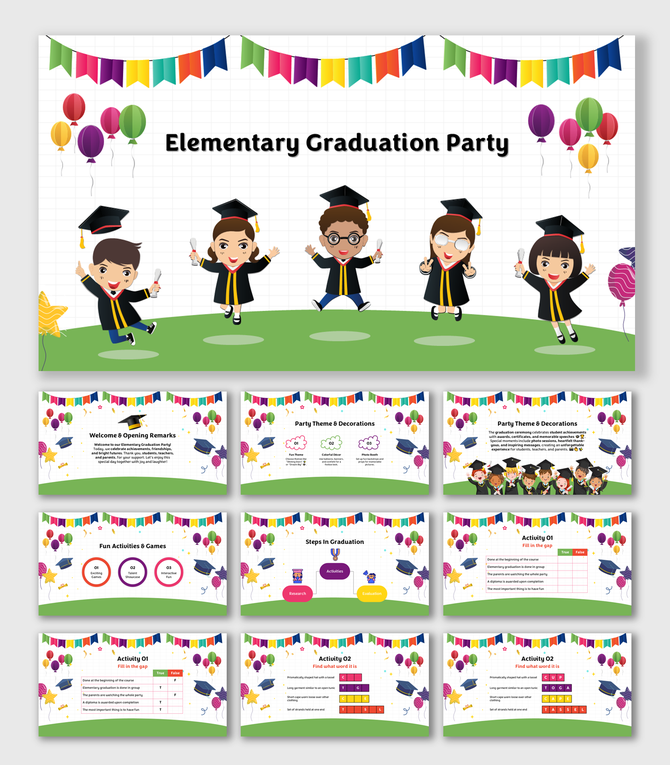 Elementary Graduation Party template with kids celebrating, festive decorations, activities, games, and event highlights.