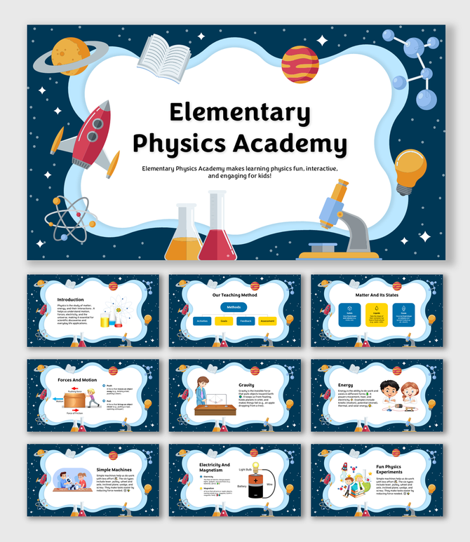 Engaging physics slides covering gravity, forces, energy, magnetism, experiments, simple machines, and learning methods.