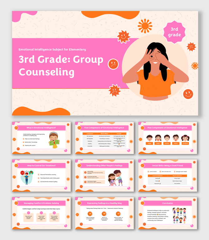 3rd Grade Group Counseling slides on emotional intelligence, social skills, problem-solving, empathy, and self-awareness.