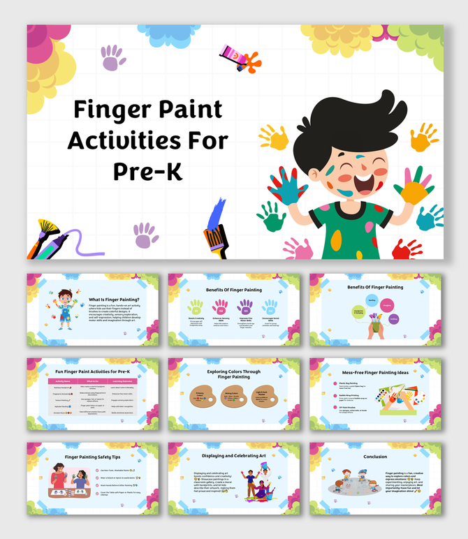 Colorful pre-K slides show finger painting benefits, fun ideas, safety tips, color play, and ways to display art.