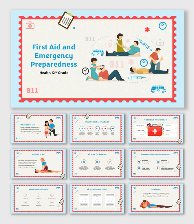 Educational first aid visuals with kit items, emergency steps, CPR, mental health tips, and safety guidance.