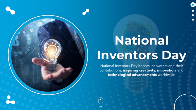 National Inventors Day with glowing lightbulb, hand gesture, gear icons, tech patterns, and innovation-themed blue design.