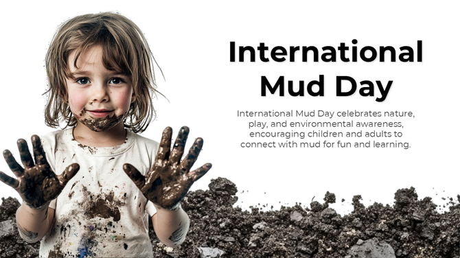 Child smiling with muddy hands and face, playful dirt theme highlighting nature, fun, and learning on International Mud Day.