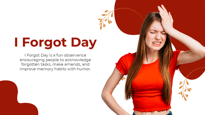I Forgot Day visual with regretful woman, red theme, bold text, abstract shapes, and a memory lapse expression.