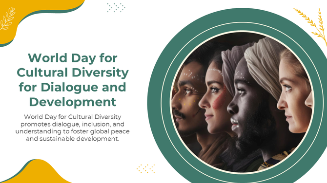 Diverse profiles, circular frame, abstract accents, unity theme, and bold text for World Day for Cultural Diversity.