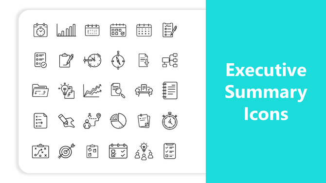 Includes charts, calendars, checklists, analytics, and timelines—perfect executive summary icon pack for reports.