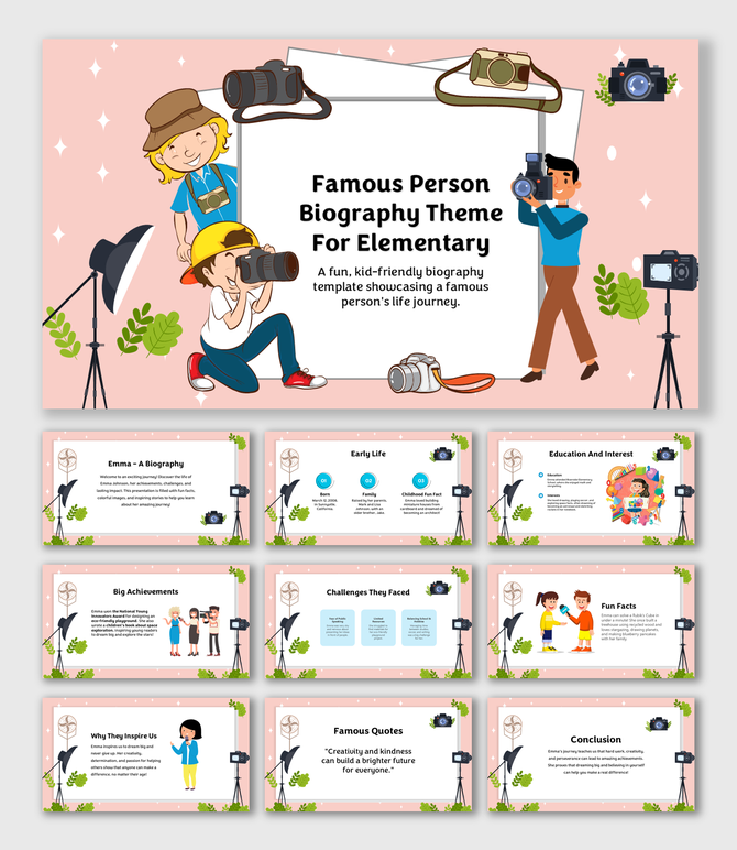 Fun biography slides for kids with cartoons, photo props, early life, achievements, and inspiring famous quotes.
