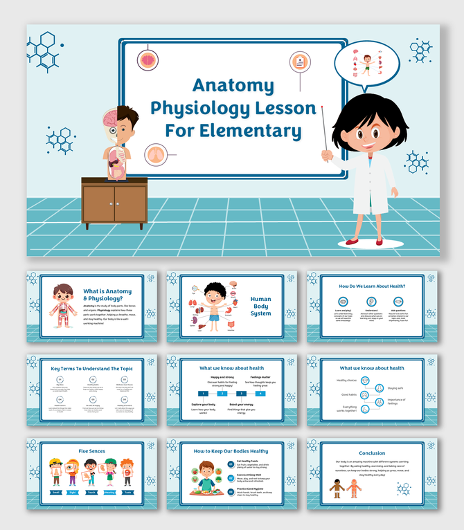 Fun anatomy slides for kids with organs, health tips, body systems, five senses, and diverse cartoon characters.