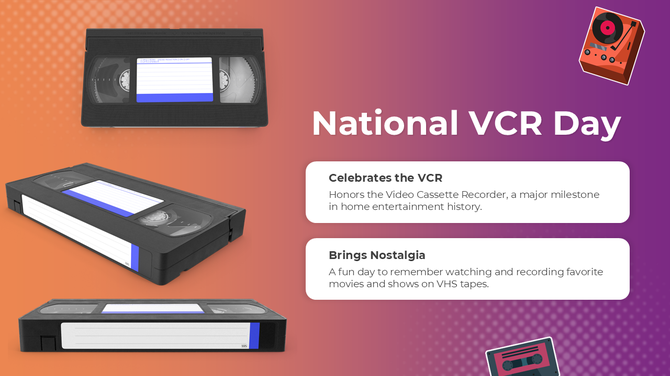 Honors VCR history, sparks nostalgia, celebrates VHS tapes, recalls classic movies, and home entertainment joy.