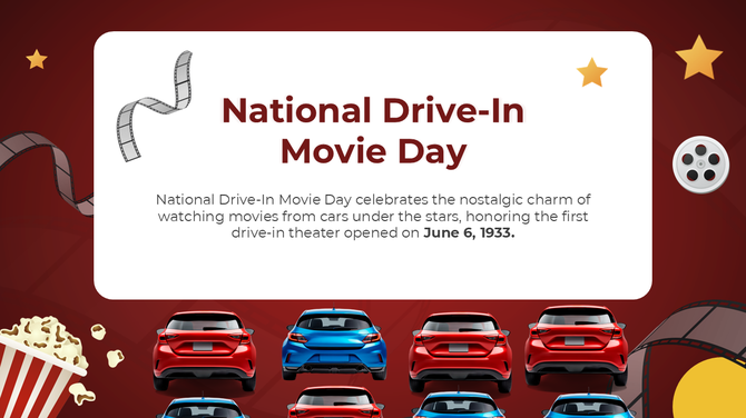 Celebrates drive-in theaters, movie nostalgia, starry skies, car viewing, and the 1933 debut of the first drive-in.