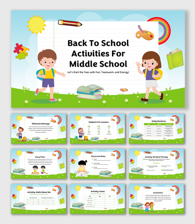 Colorful back-to-school slides with kids, lessons, rules, routines, and fun math activities for middle school students.