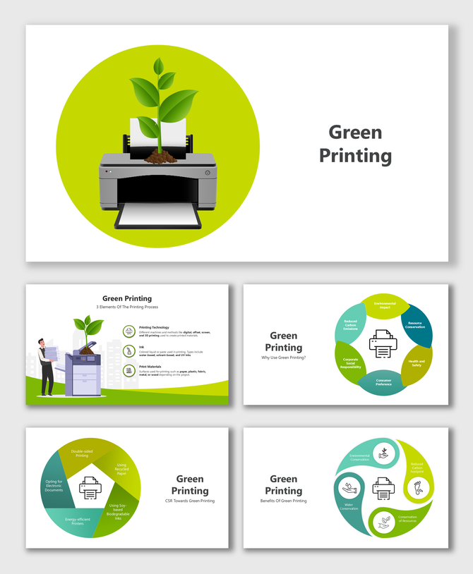 Use soy-based inks, recycled paper, energy-efficient printers, double-sided printing, and switch to digital documents.