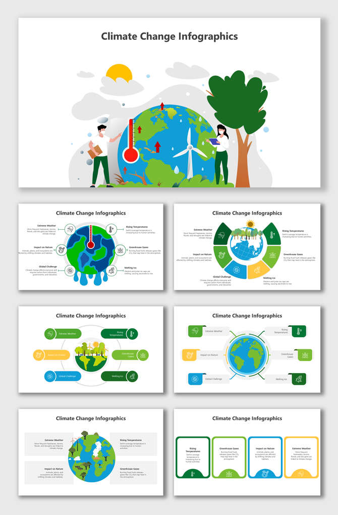 Climate change infographics with Earth visuals, icons, weather effects, temperature rise, and global impact diagrams.