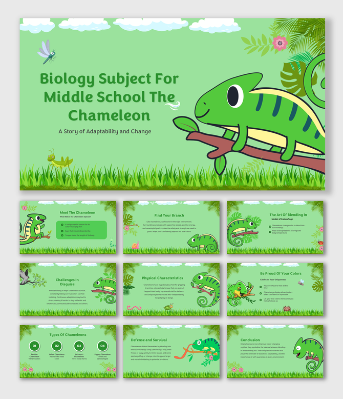 Biology subject for middle school on the chameleon explores its color-changing ability, physical features, habitat, movement.
