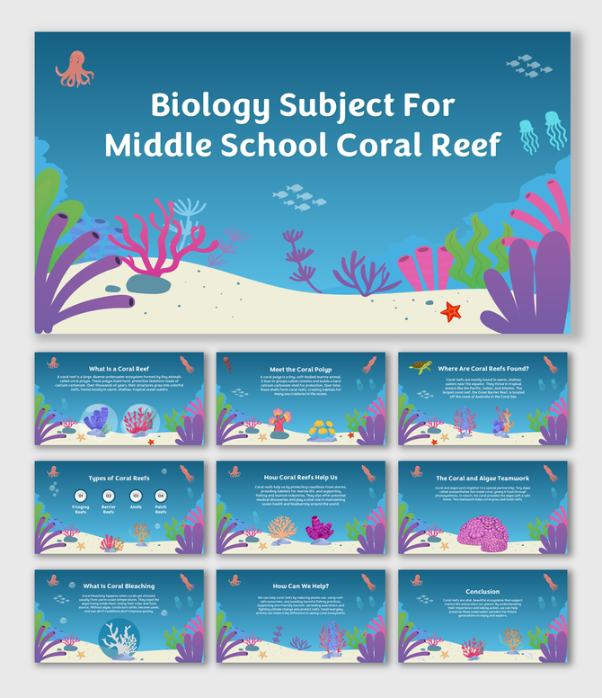 Coral reefs support marine life, form by coral polyps, face bleaching, need algae, and thrive in warm ocean waters.
